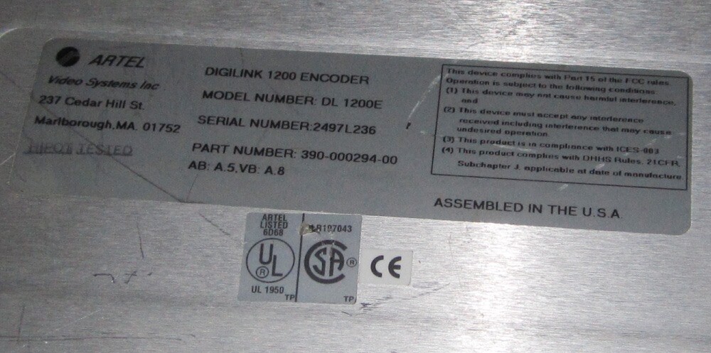 Artel Video Systems DigiLink DL 1200D Decoder DL 1200E Encoder