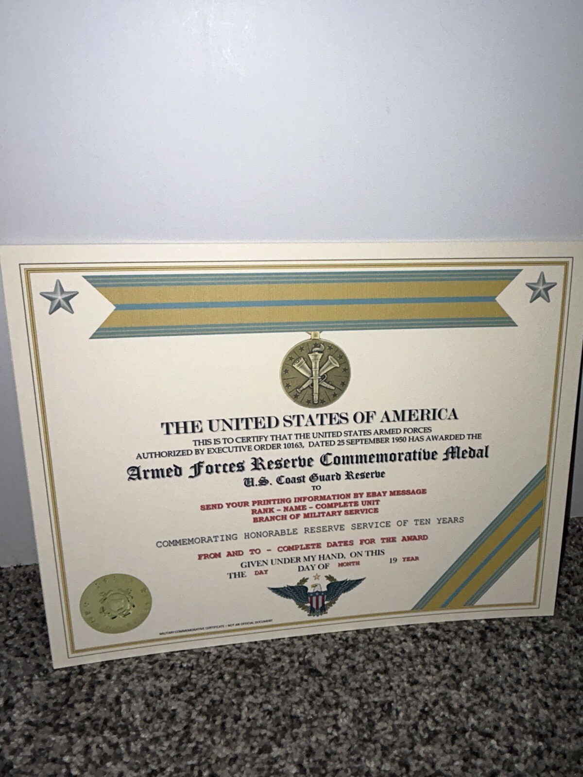 ARMED FORCES COAST GUARD RESERVE COMMEMORATIVE CERTIFICATE ~ W/PRINTING TYPE-1