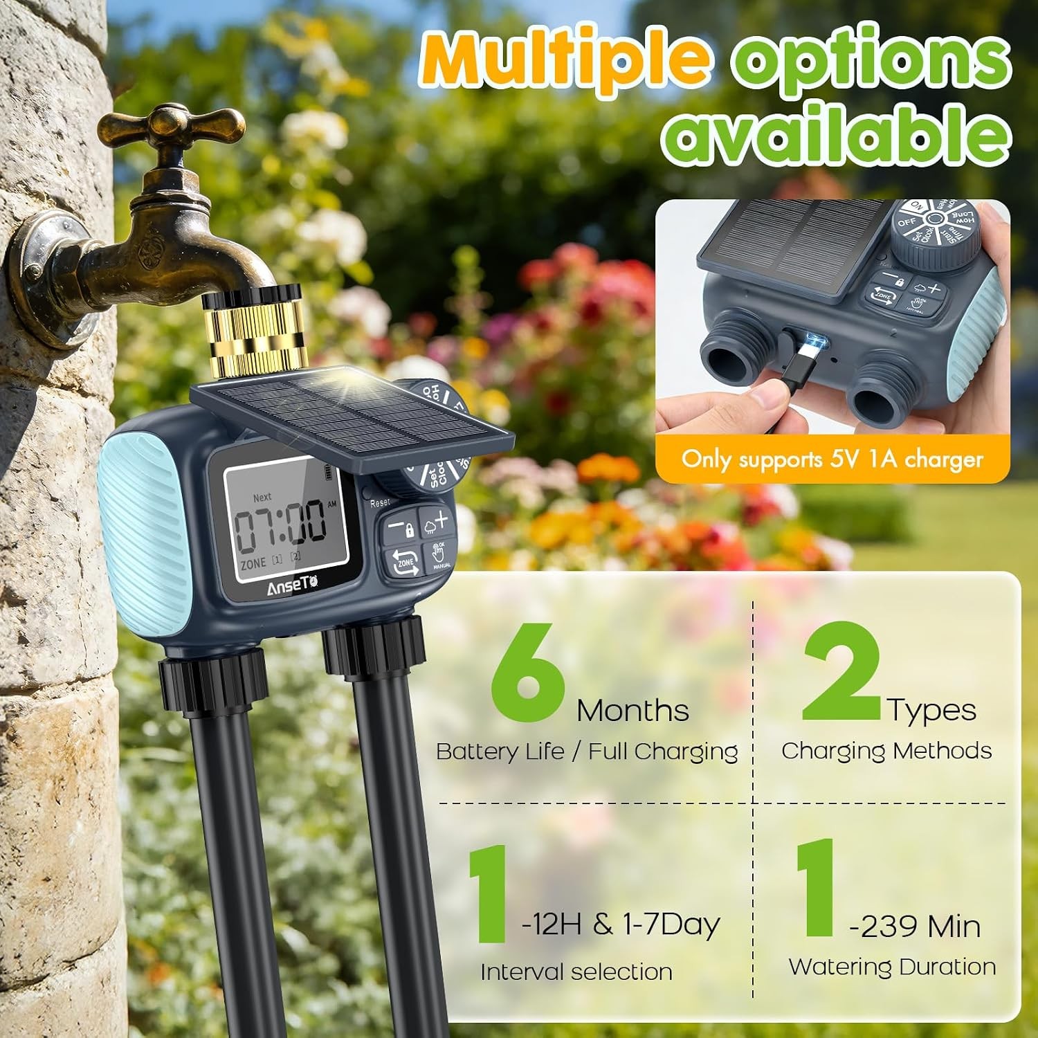 2 Outlet Solar Sprinkler Timer,Brass Inlet Hose Timer Garden Hose,Programmable