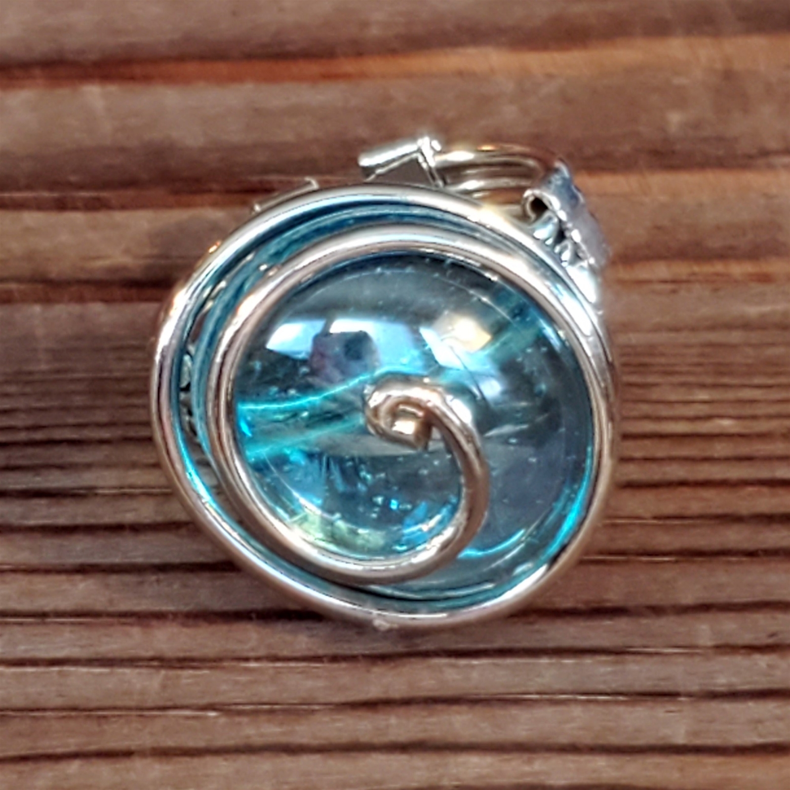 Handcrafted Edgy Turquoise Blue Luster Silver Spiral Luster Glass Bauble Ring