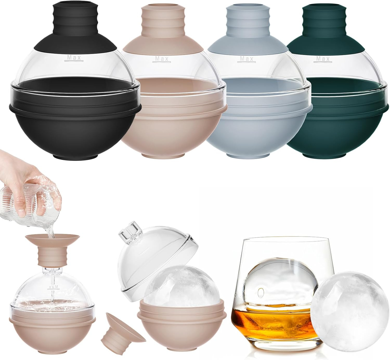 Large Ice Ball Molds for Whiskey & Cocktails with Funnel Lid - Big Sphere Ice...