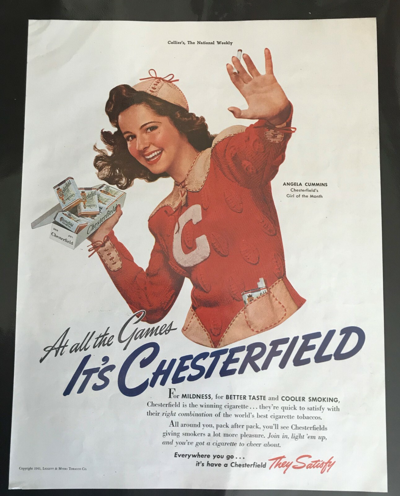 Chesterfield Girl of the Month in Football Uniform   , original 1941 Ad