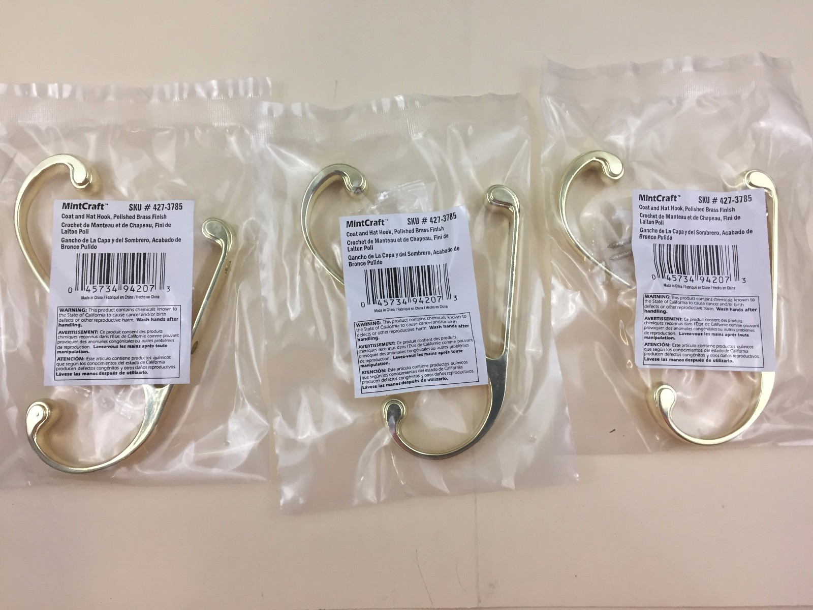 LOT OF 3 MINTCRAFT 427-3785 POLISHED BRASS FINISH COAT & HAT HOOK 5"