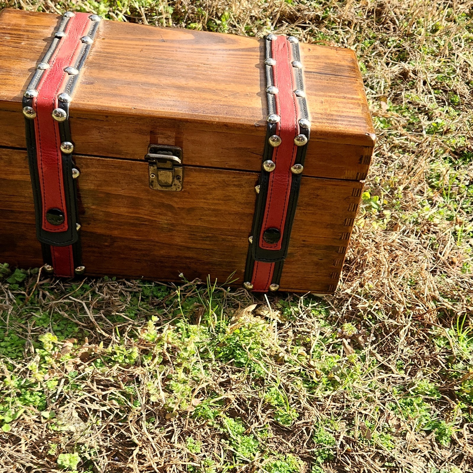 Handmade Wooden Trunk Vintage Retro Red Straps Metal Handle Brown Black
