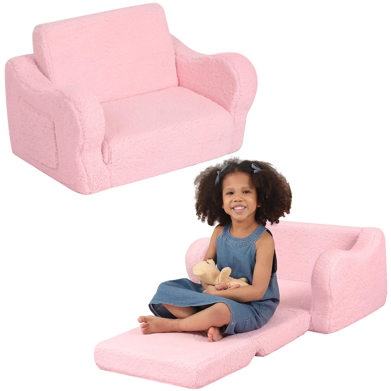 Comfy Toddler Chair, 2-in-1 Toddler Couch Fold Out, Convertible Sherpa Sofa t...