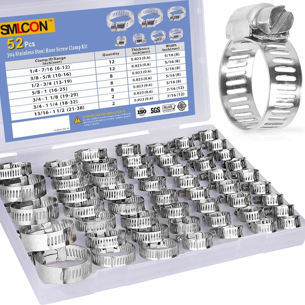 52 Hose Clamps Assortment Steel Worm Gear 1/4''- 1-1/2'' Fuel Line Plumbing Auto