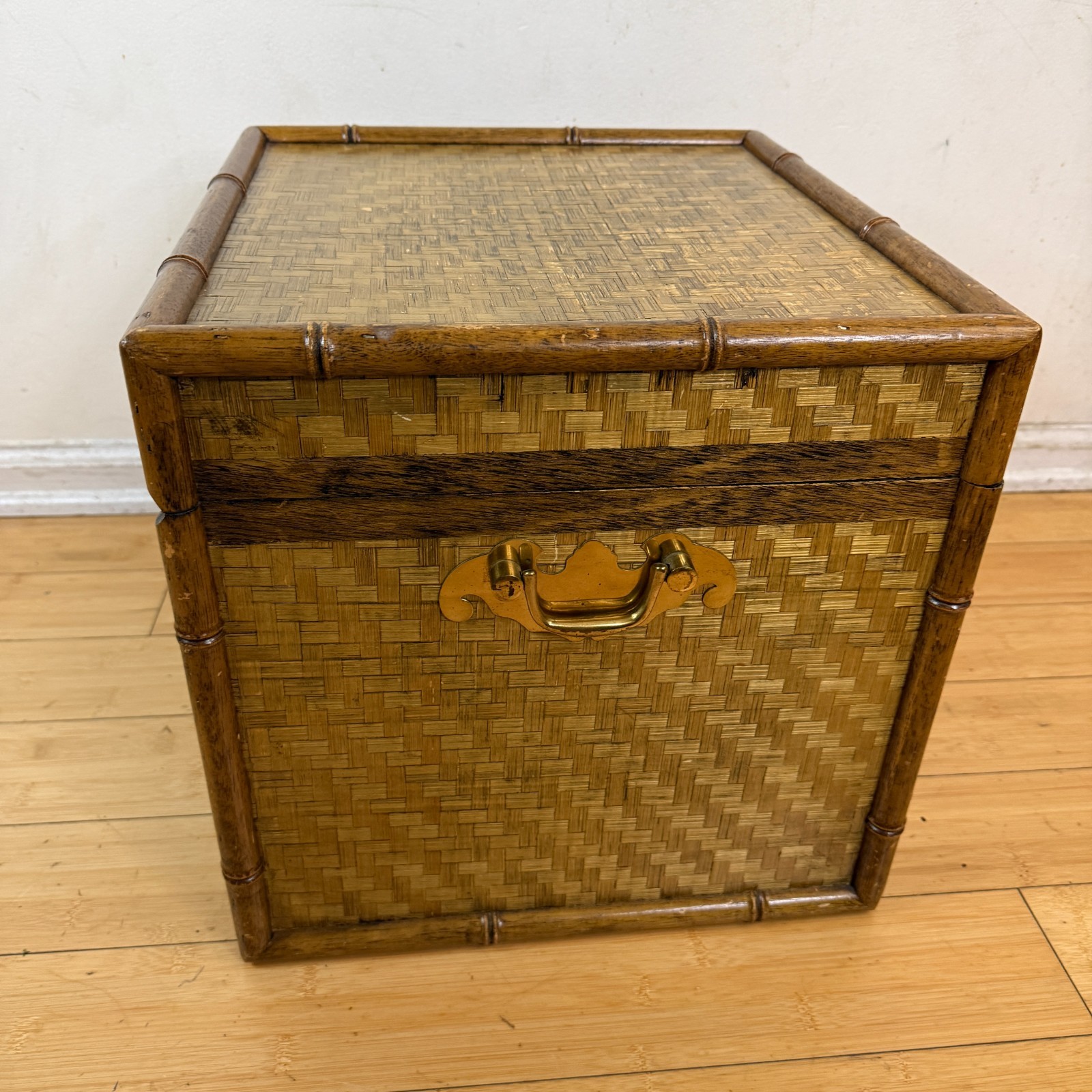 Vintage Bamboo Lidded Chest Trunk Hamper Herringbone Woven Wicker