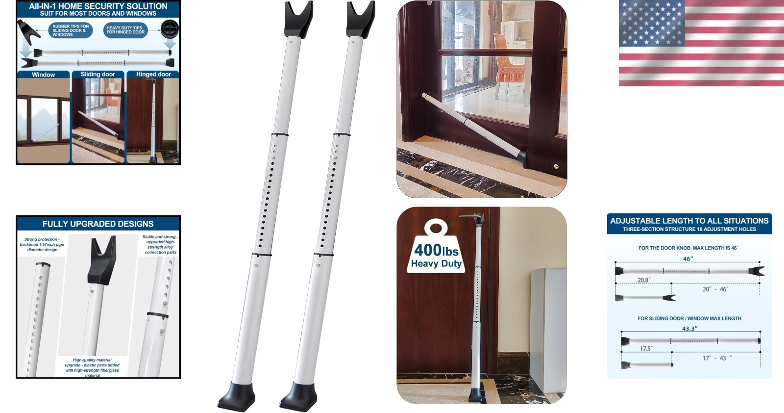 Heavy-Duty Door Lock Bar - 400 lbs Strength, 2 Pack Security Solution