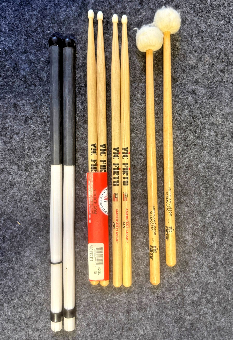 Lot Of 4 Pairs of Drumsticks - 2 Vic Firth 7AN/T3  Staccato Mallets + Acousticks