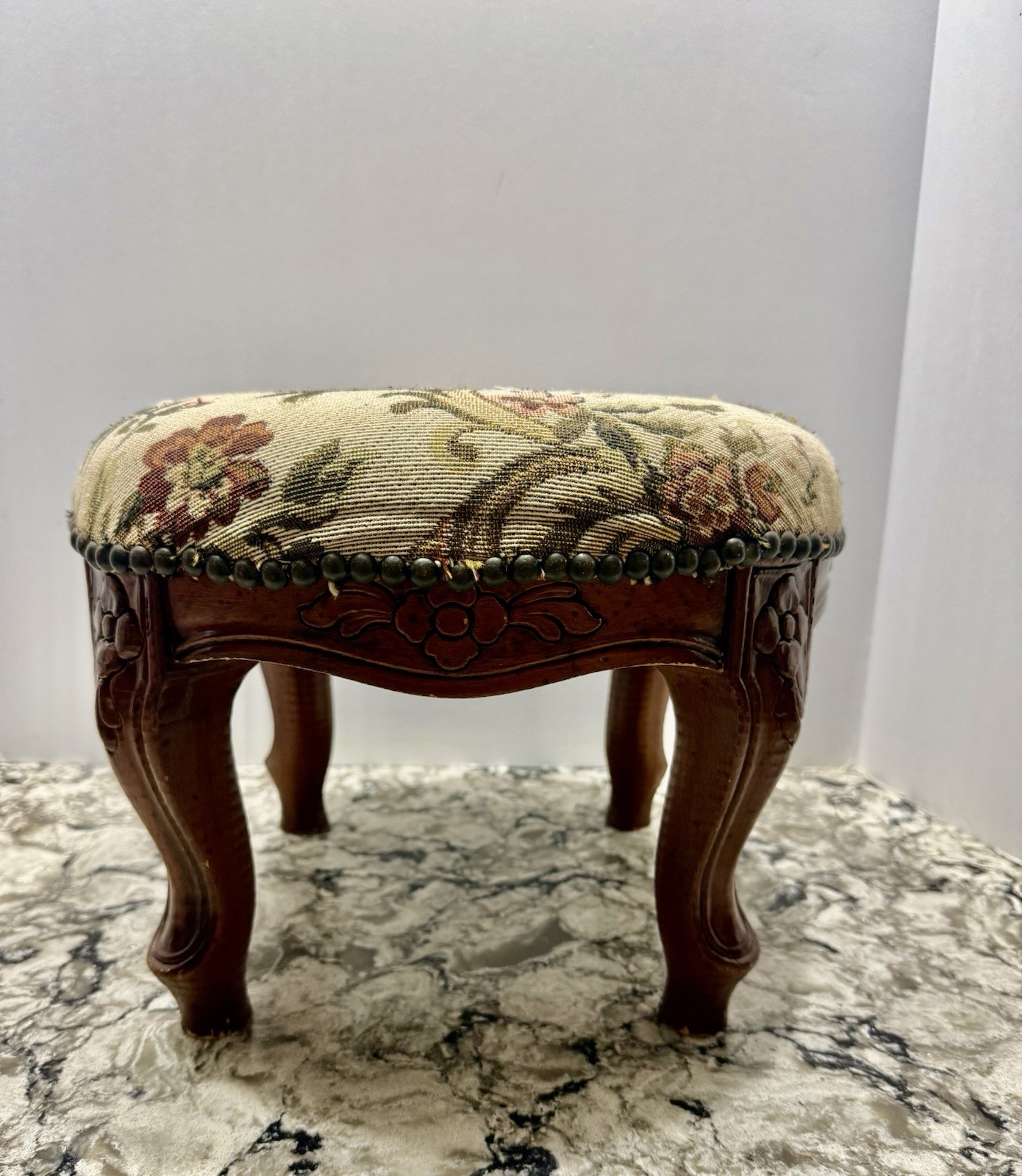 French Provincial Wood Carved Upholstered Round Petite Footstool Cottage Couture