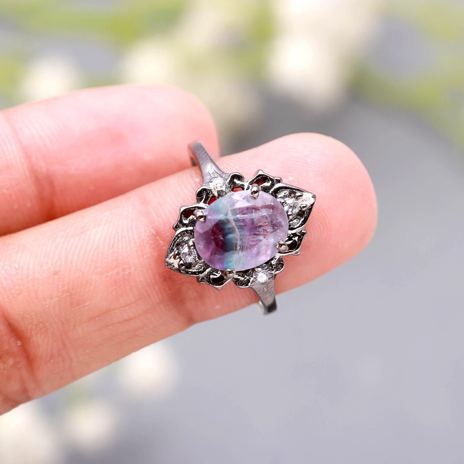 100% Natural Rainbow Fluorite Oval Ring Black Oxidized Solid Silver Jewelry