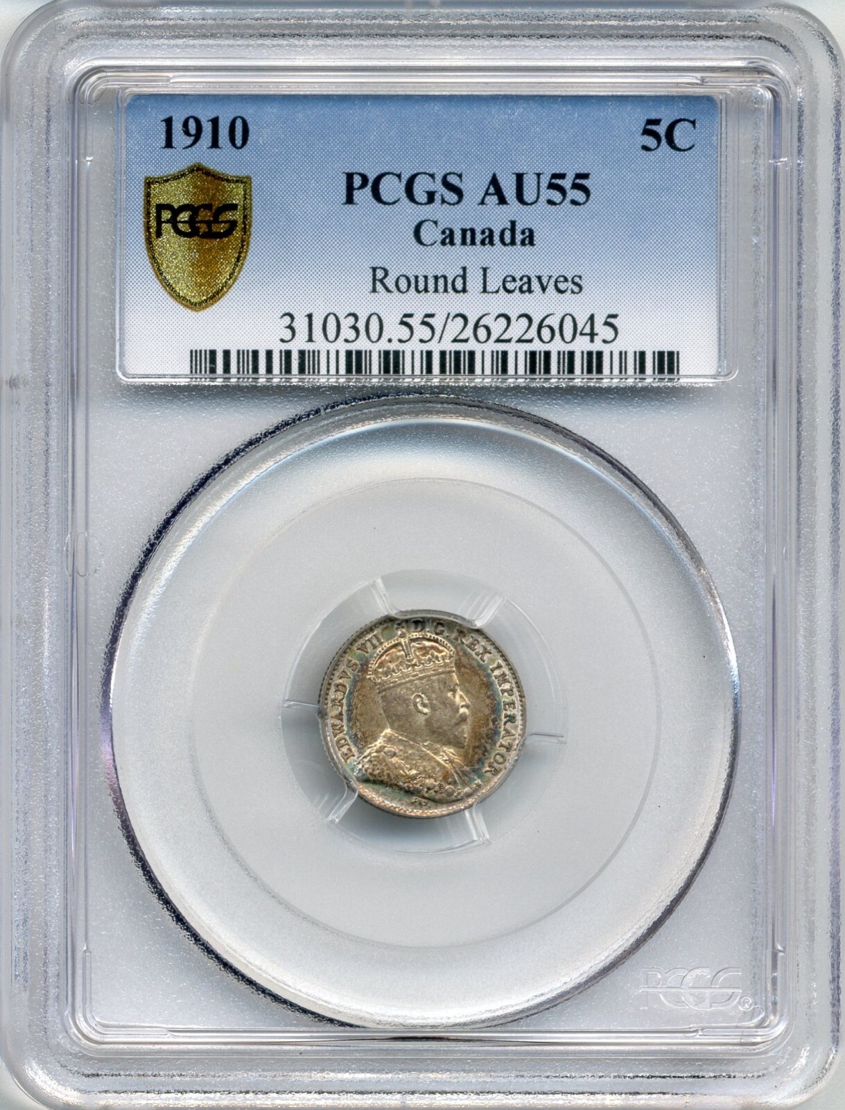 1910 Canada 5 Cent, ROUND LEAVES VARIETY - Choice About Uncirculated, PCGS AU55