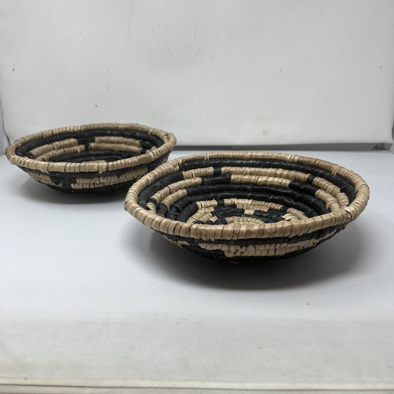 Set of 2 Natural and Black Sea Grass Woven Straw Wall Art or Decorative Bowls 9”