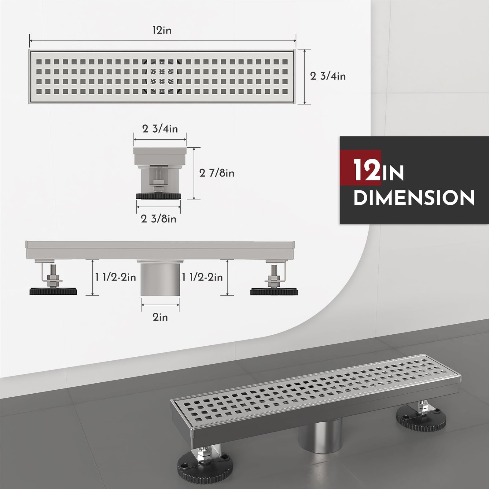 WEBANG 12 Inch Linear Shower Drain Rectangular Floor 12 Inch, Brushed