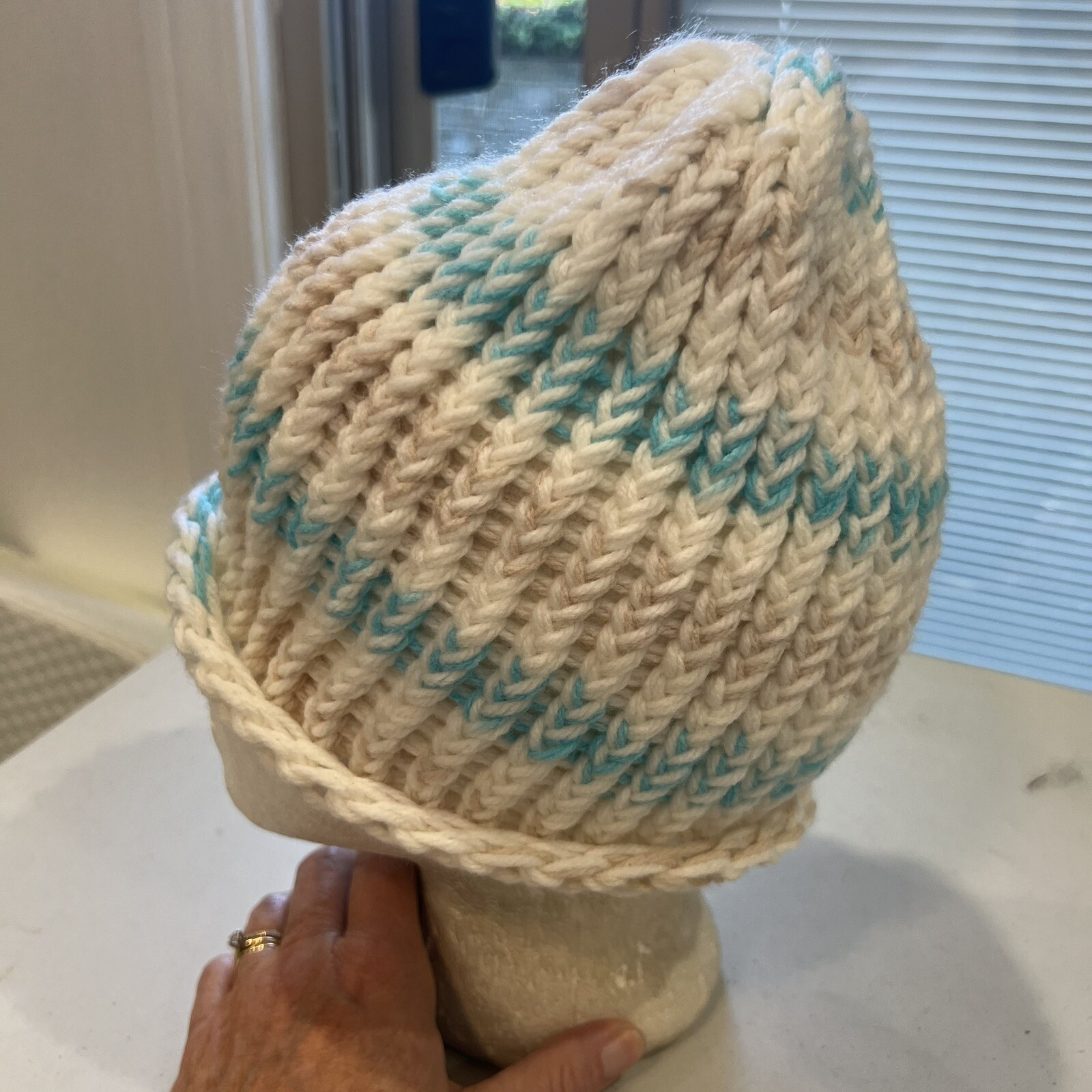 Tan White Light Blue Knitted Hat Cap Small EUC