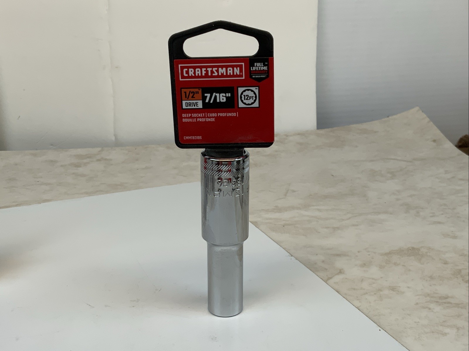 Craftsman CMMT 83186,  7/16in.  1/2 drive 12pt deep SAE socket, Taiwan