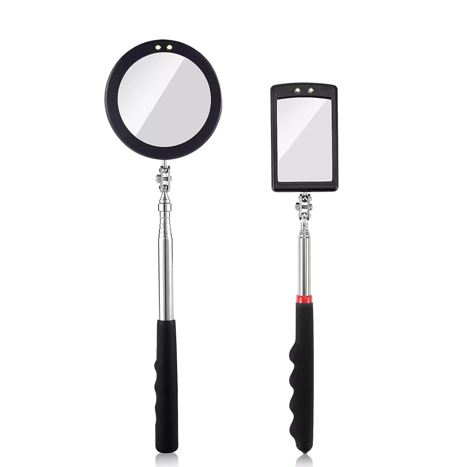 2 Pieces Telescoping Inspection Mirror LED Light Set with Large 3.75" round Mirr