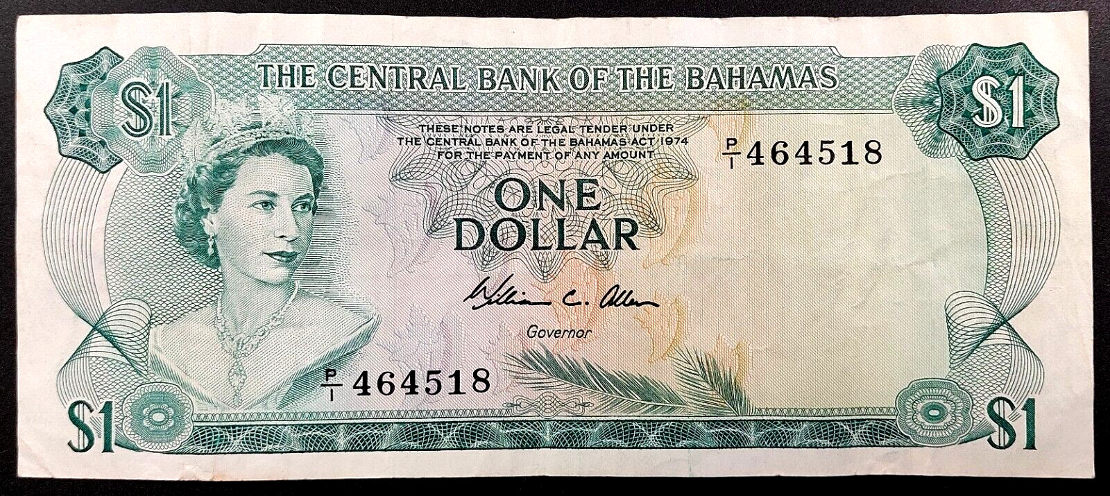 1974 $1 The Central Bank of the Bahamas! QEII! Very colorful!