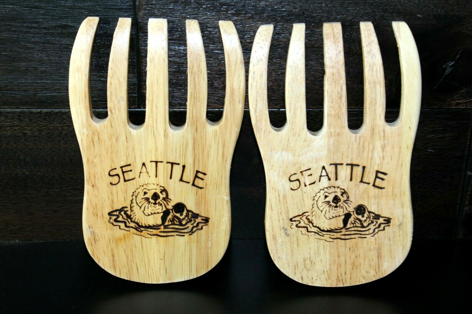 Seattle Washington Wood Salad Tongs Claws Sea Otter Wood Burned Signed