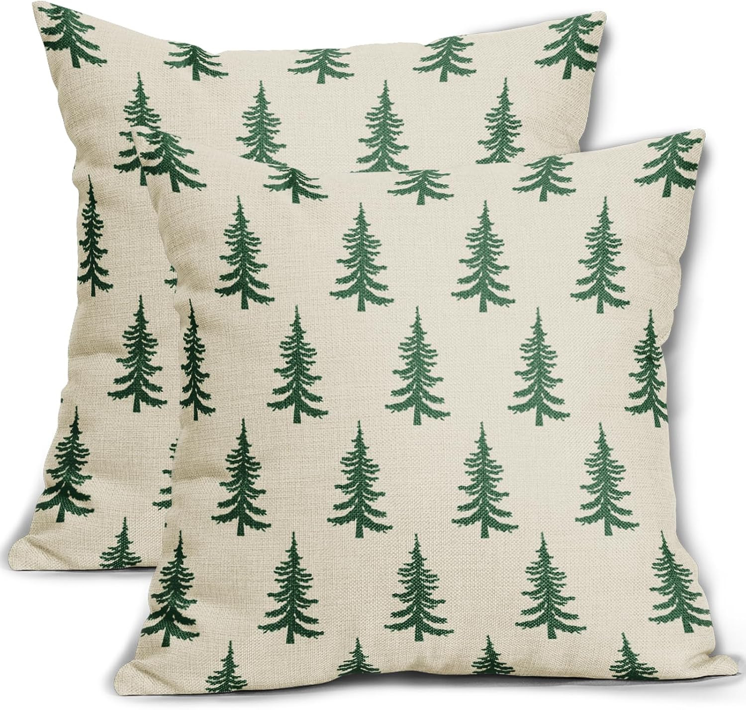 Christmas Tree Pillow Covers 18X18 Set of 2 Green Xmas Rustic Style Winter Print