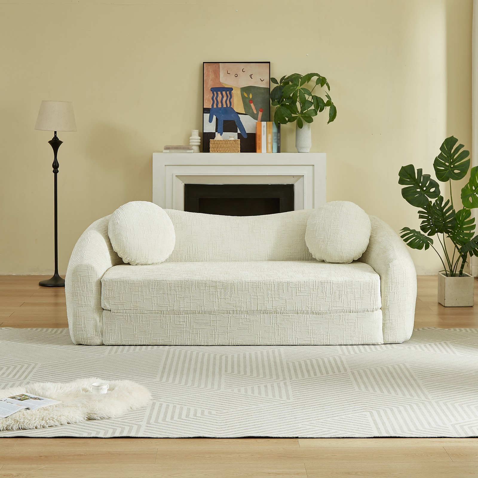 Curved Convertible Sofa Bed 2-in-1 Recliner, Chenille Foldable No Assembly Beige