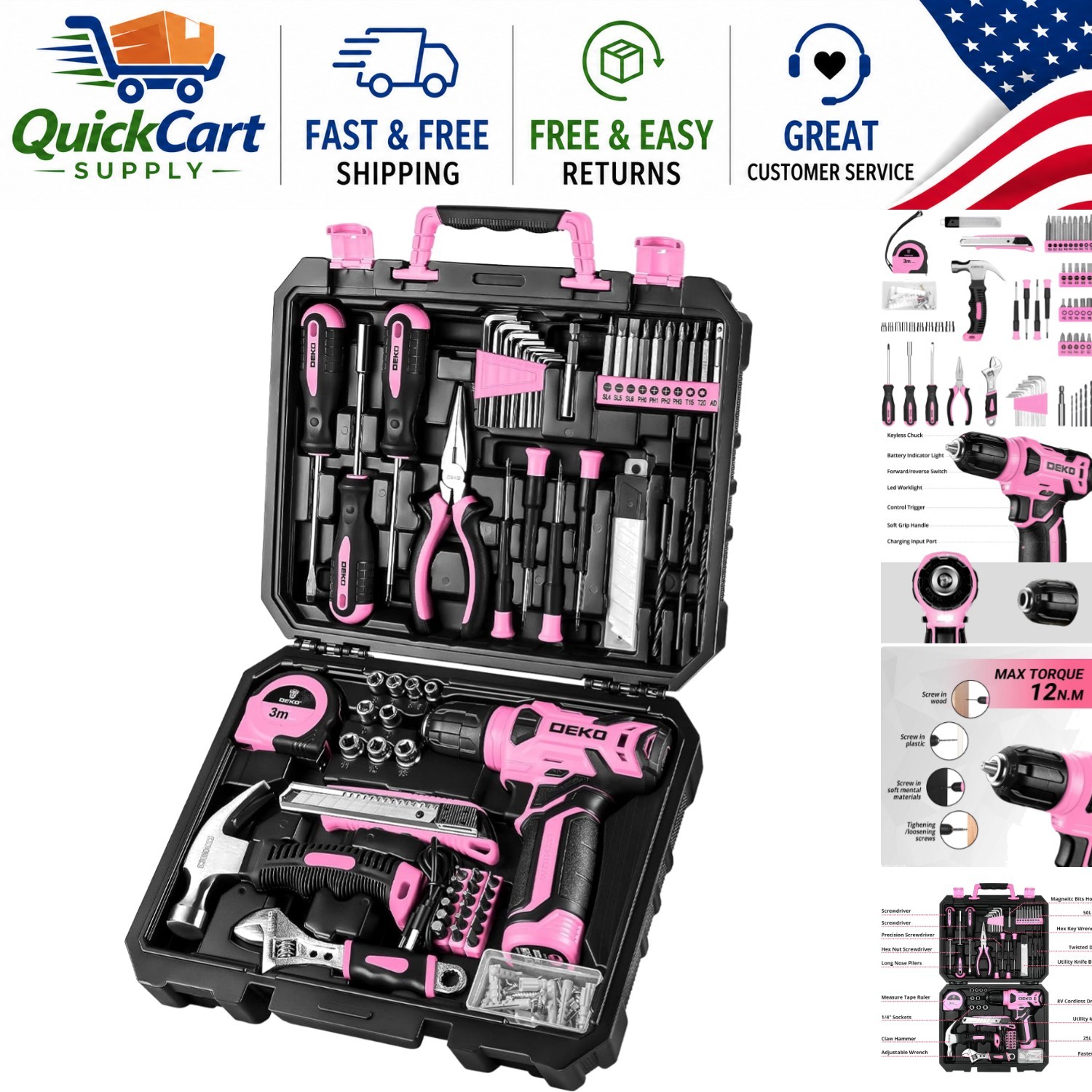 Ultimate 126-Piece Pink Tool Set with 8V Cordless Drill & LED - DIY Essential