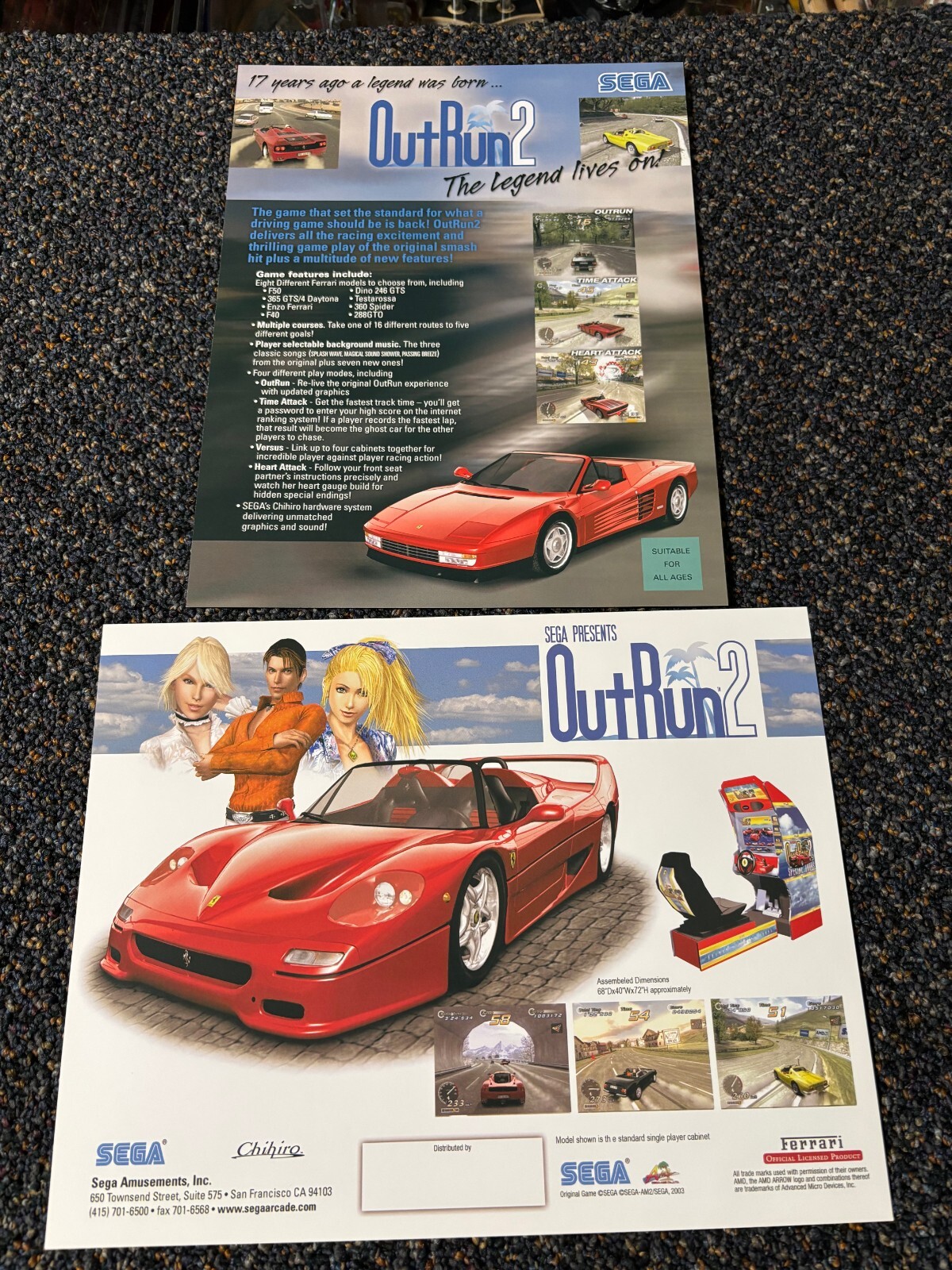 2 - 2003 SEGA FACTORY ORIGINAL OUT RUN 2 VIDEO GAME PROMO FLYERS.