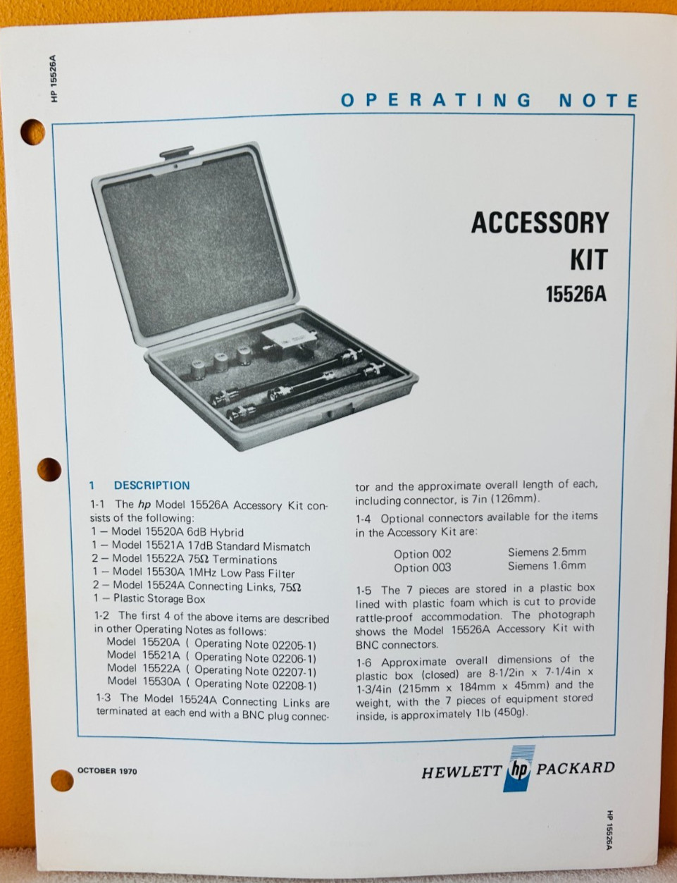 HP 15526-95000 1970 Model 15526A Accessory Kit Operating Note Manual.