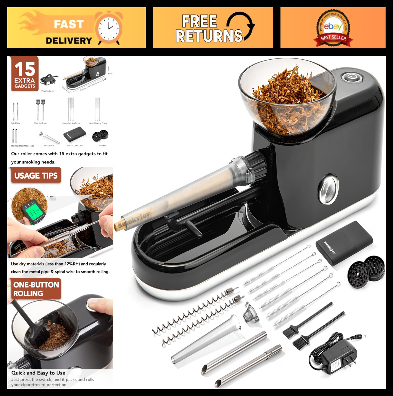 Electric Cigarette Rolling Machine - Automatic Pre-Roll Cone Filler & Grinder, H