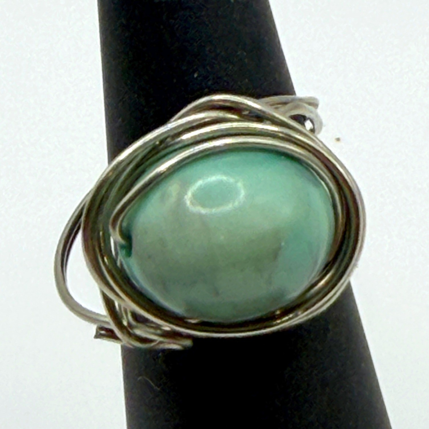 Silver Tone Artisan Green Glass Cabochon Ring Wire Wrapped Size 7
