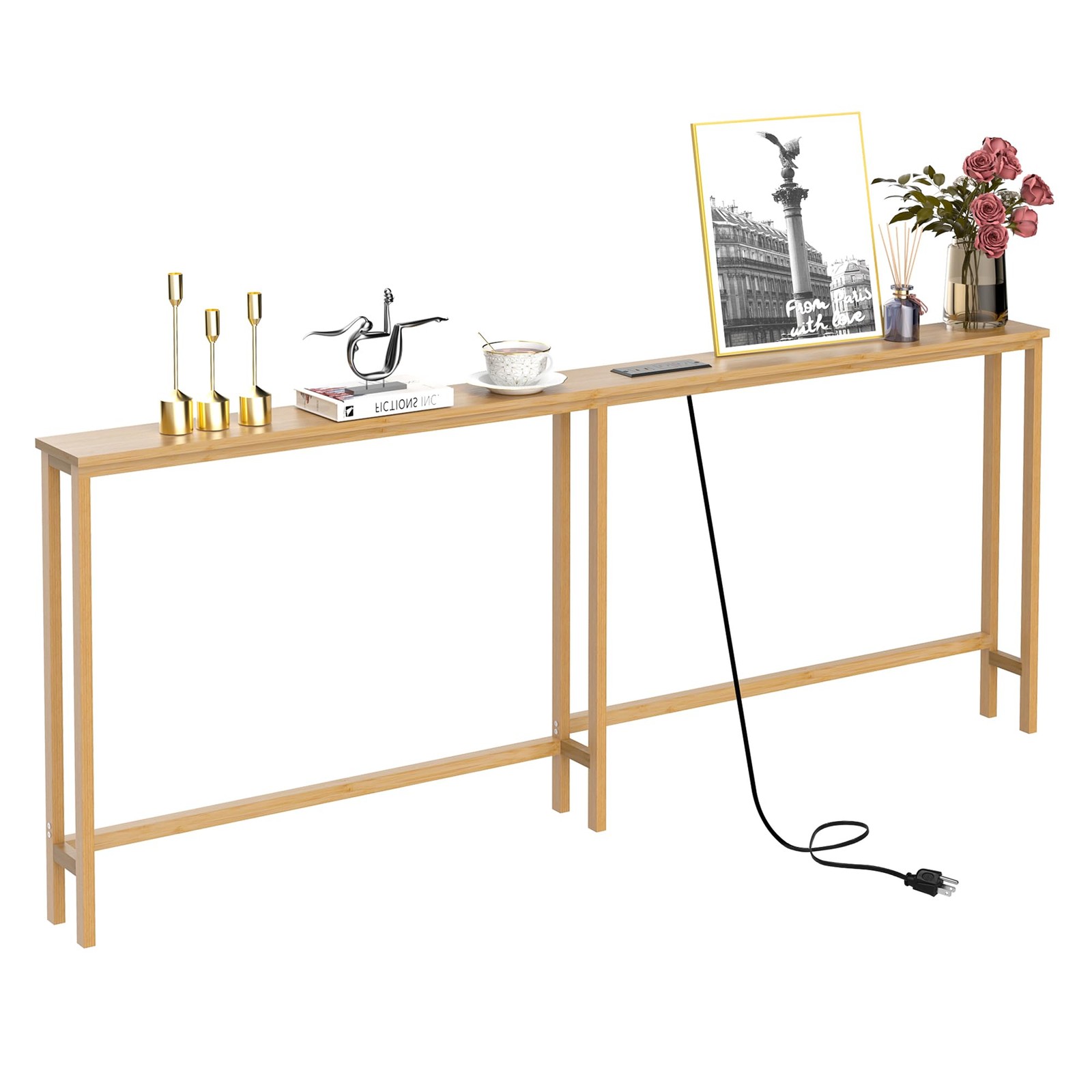 70.9 Inch Narrow Console Table with Outlet,Bamboo Behind Couch Sofa Table,Ski...