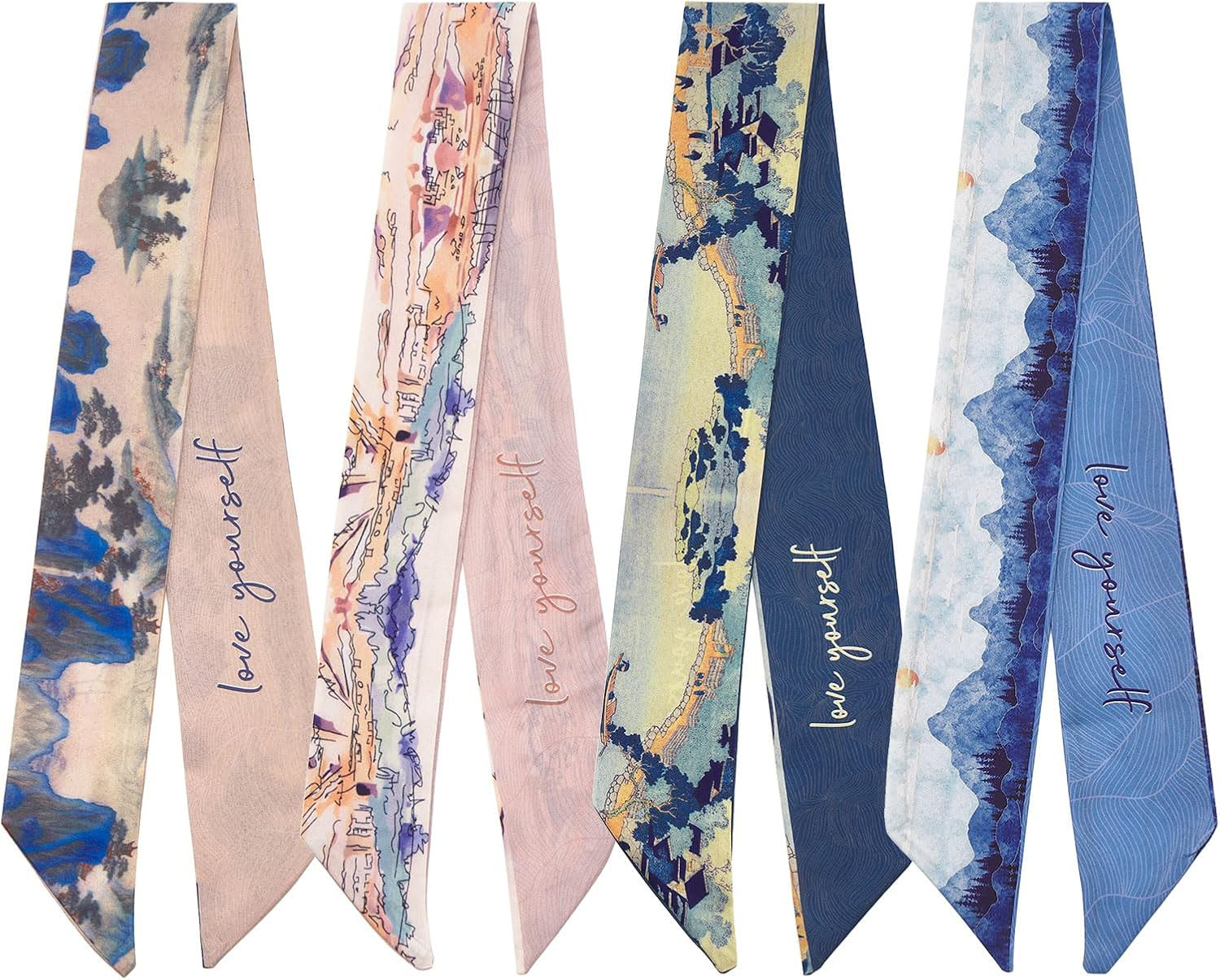 4 Pack Purse Scarf Handbags Skinny Twill Hair Scarves Narrow Neck Scarf Band Wom
