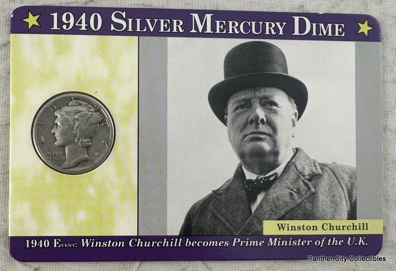 1940 Silver Mercury Dime In Card / Winston Churchill Prime Minister U.K.