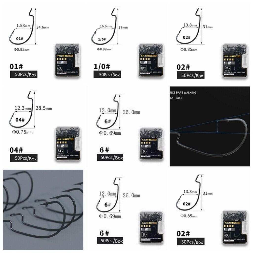 50Pcs/Box EWG Worm 2X Strong Hooks Versatile Soft Plastic flat Hook Size 6#-1/0