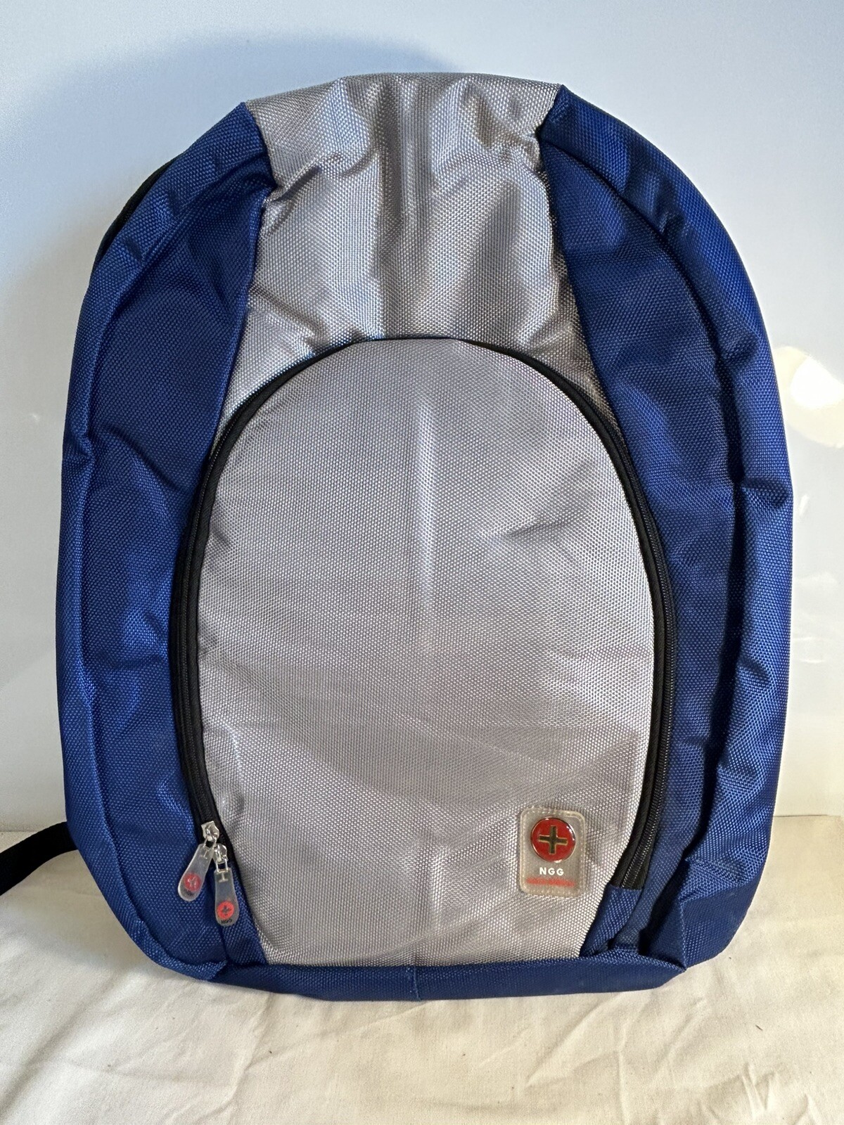 Blue/Grey NGG Swiss Edition Backpack with blue water bottle computer school