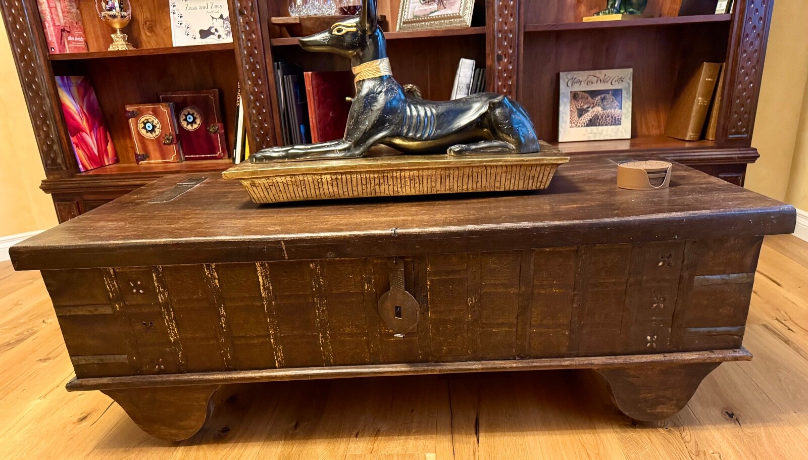 Large Antique India Dowry Trunk Chest Iron Strapped Hinged, 55.5"W x 28"D X 19”T