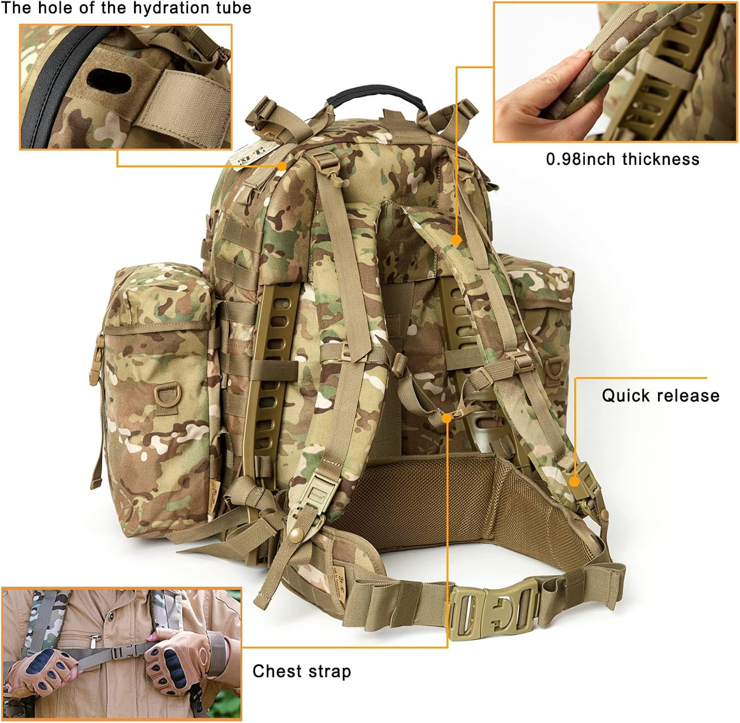 Military Backpack Army Rucksack for Men, MOLLE 2 Medium Assault Pack with Extern
