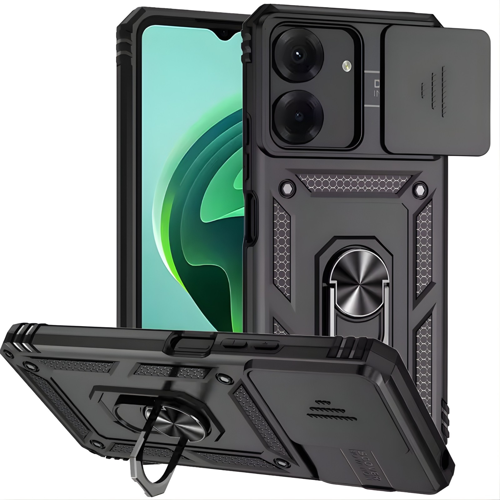 For Xiaomi Redmi 13C Slide Lens Protect Shockproof Armor Case with Ring Holder