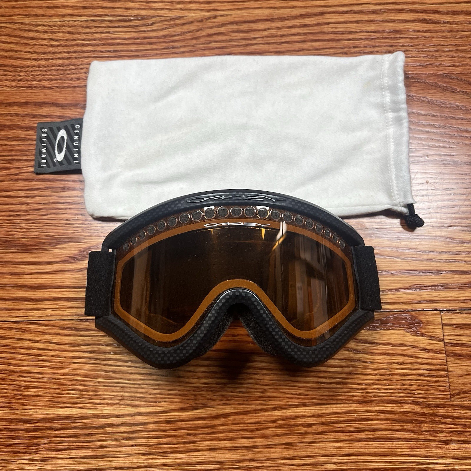 Vintage Oakley Ski Goggles Black Amber Lens Snow Snowboarding Motocross + Bag