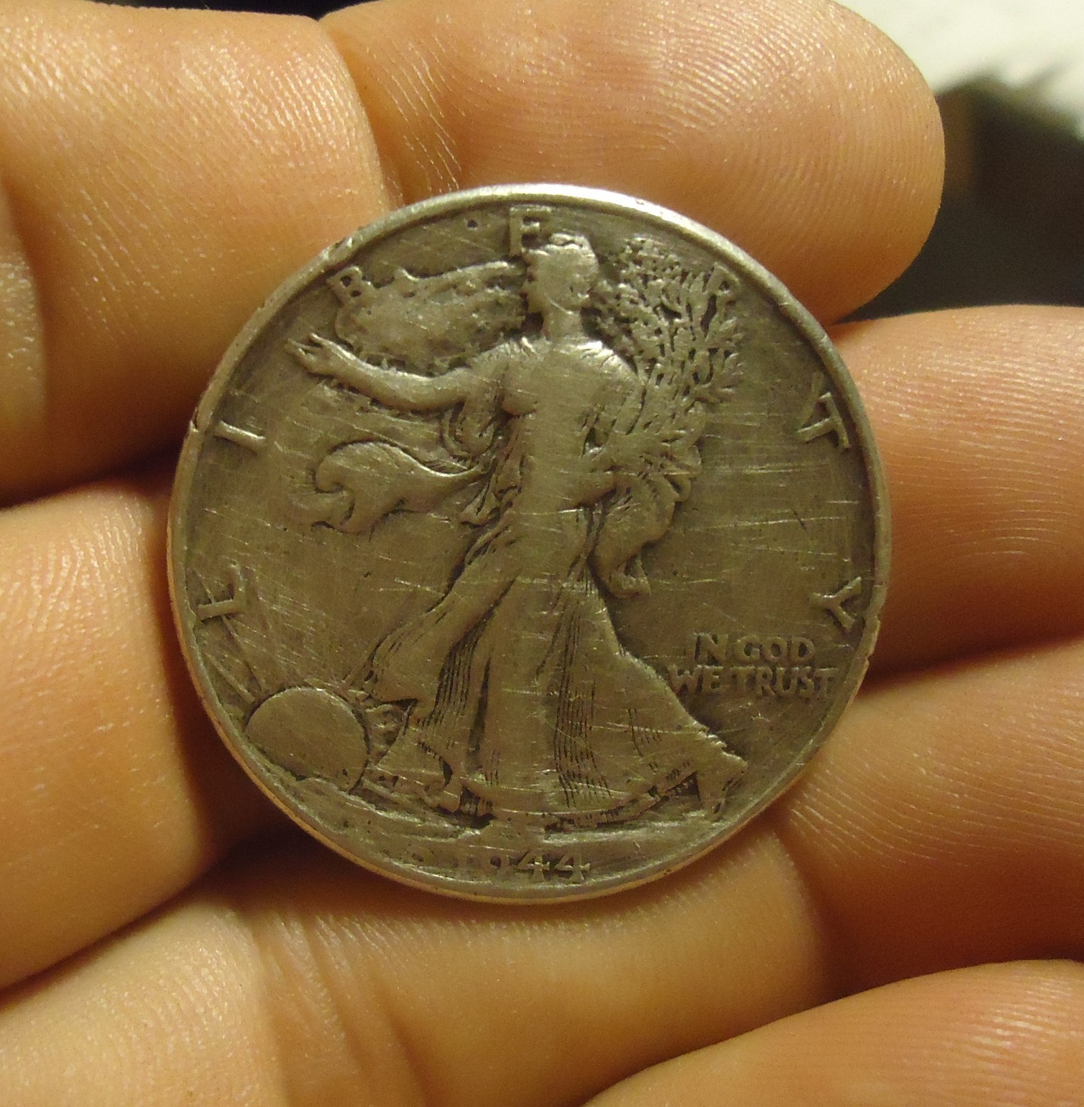 1944 WALKING LIBERTY SILVER HALF DOLLAR CLEANED BUT 90% SILVER
