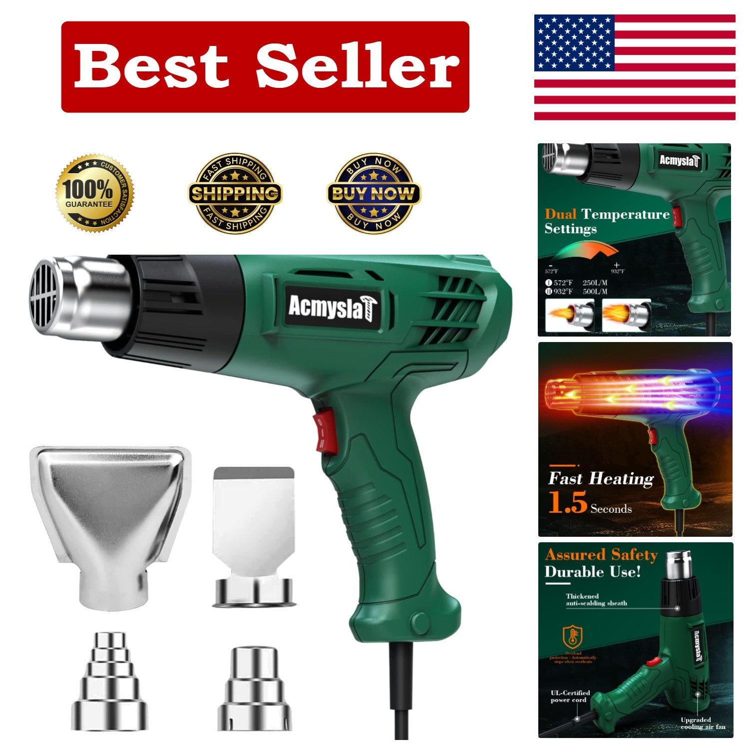Heat Gun, Heavy Duty Hot Air Gun Kit Dual Temperature Settings 572℉~932℉ 300℃...
