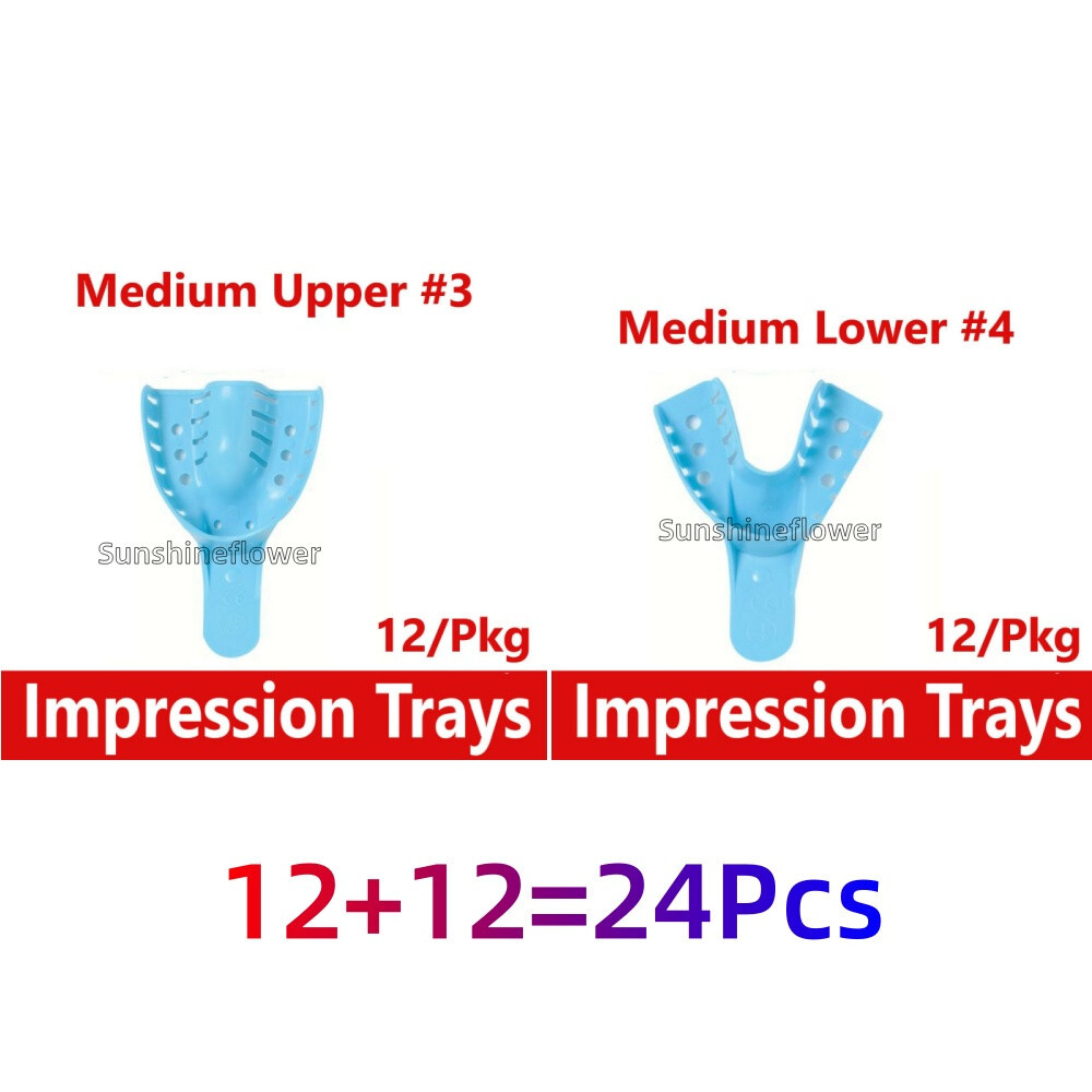 24Pcs Dental Impression Trays Plastic Perforated Denture Medium Upper/Lower