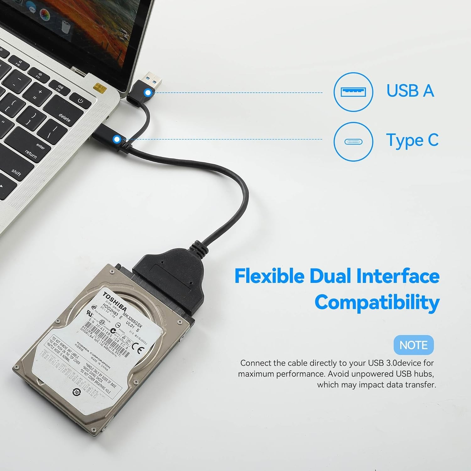 2-in-1 SATA to USB Cable USB-C/A 3.0 to 2.5" HDD SSD Adapter 23cm