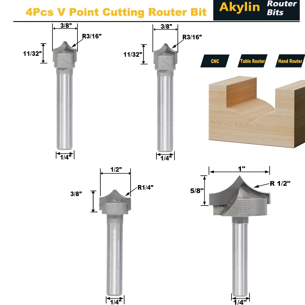 4pcs Point Cutting Roundover Router Bit Set,1/4" Shank