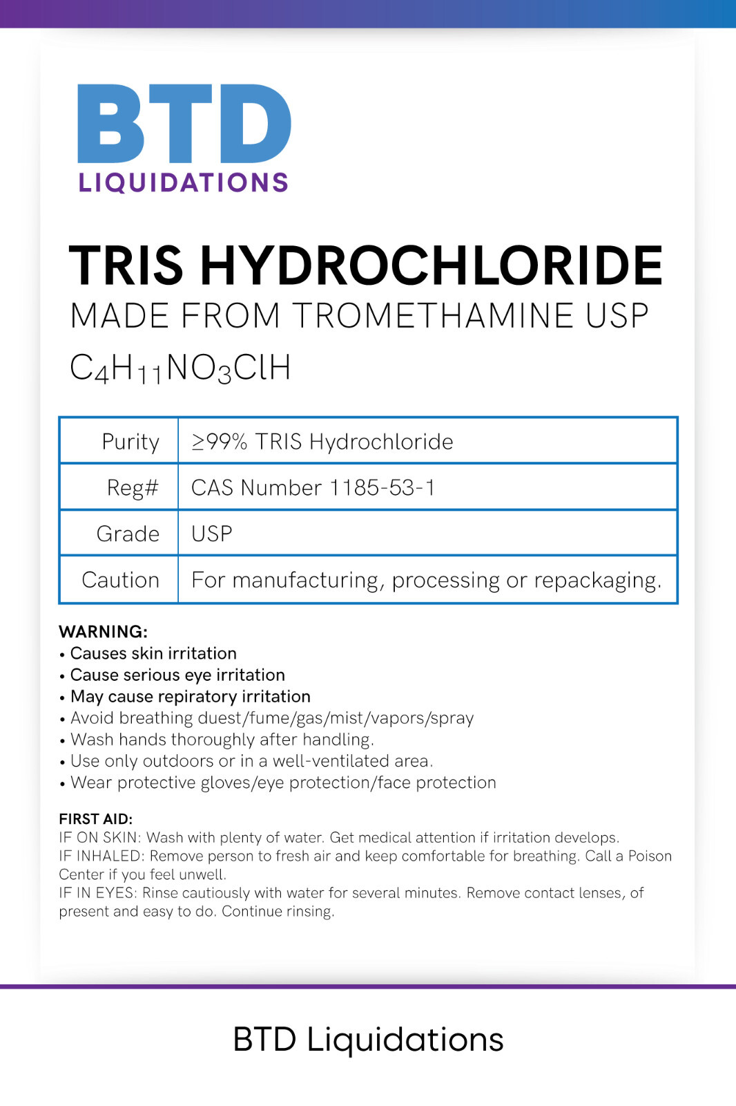 Tris hydrochloride hydroxymethyl) aminomethane 99.0%, CAS 1185-53-1 100 gr. USP