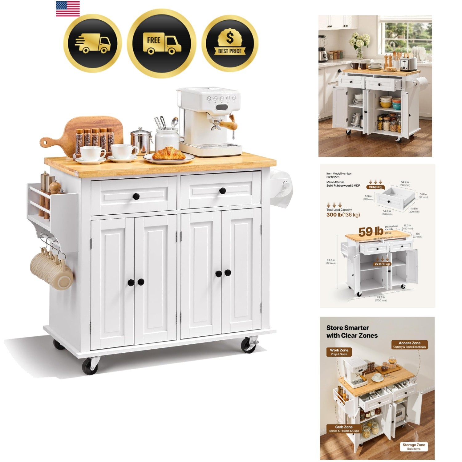 Kitchen Island Cart with Solid Wood Top, 35.4" Width Mobile Carts with Storag...