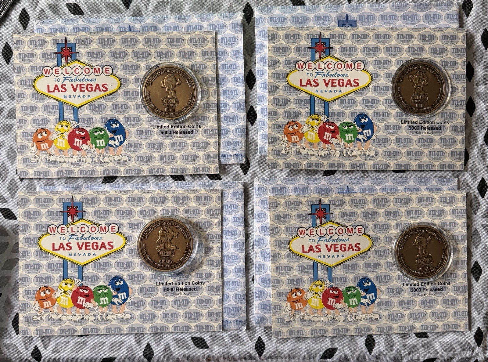 Set Of 4 M&M World Las Vegas Limited 5000 Editon Coins With Envelopes In Cases