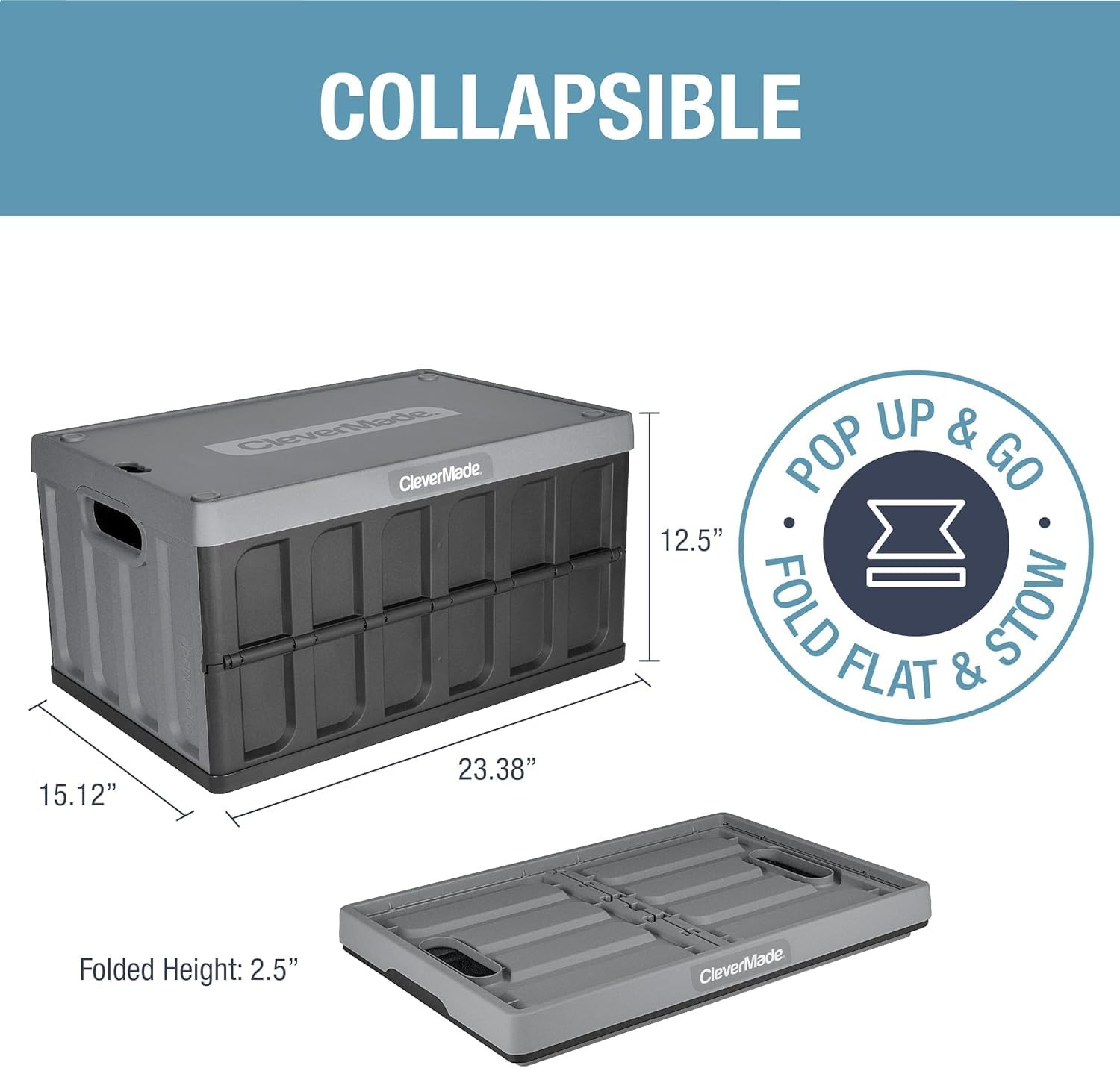 CleverMade Collapsible Storage Bins with Lids, 62L, 3 Pack, Stone