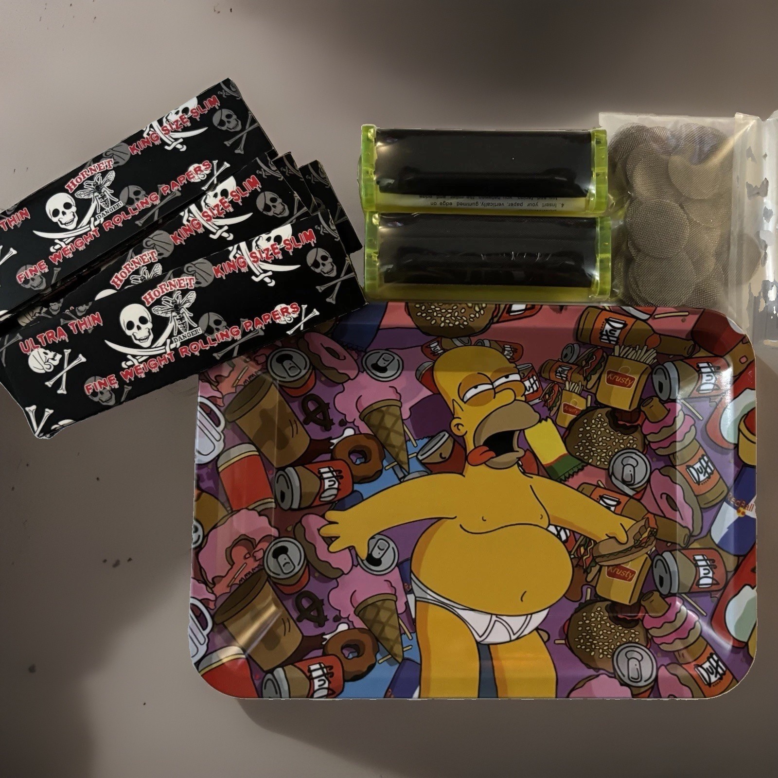 Homer Simpson Tray Hornet KSS (5) Pack Rolling Papers (2) 77mm Rollers & 100 S