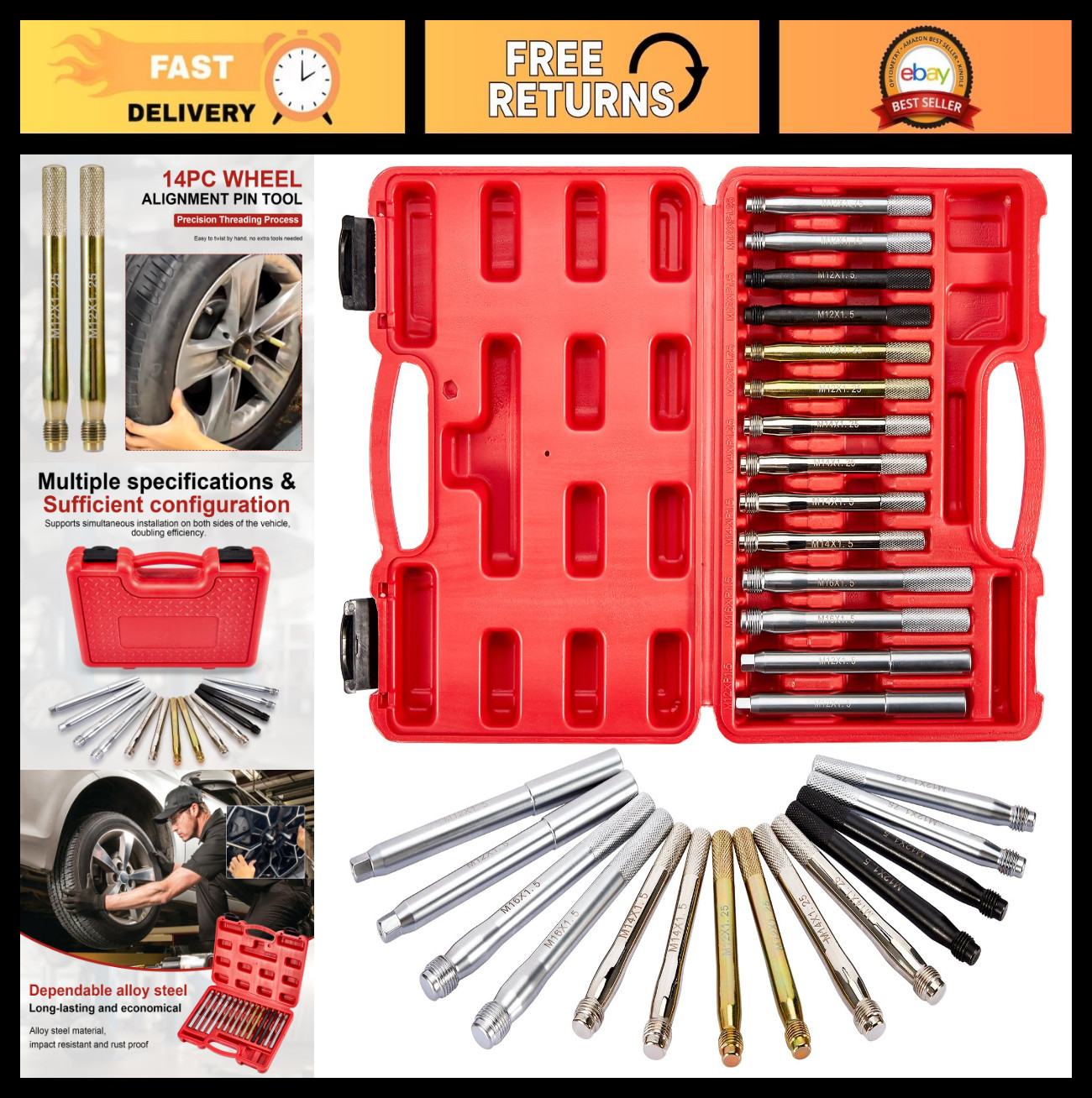 14Pcs Wheel Alignment Tool Set - Stud Pilot Pins & Hub Positioning Rods for Tire